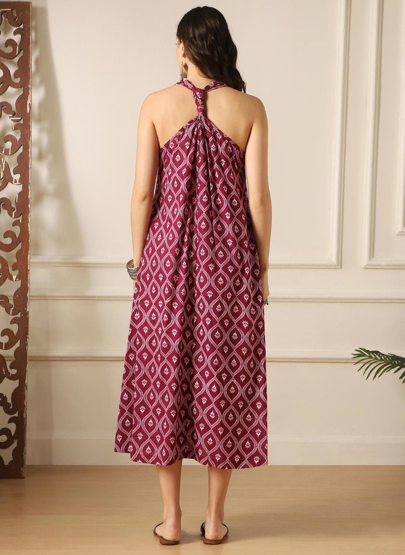 Globus Women Burgundy Floral Print V-Neck Back Twisted Knot Style Flared Hem A-Line Midi Dress - Image 4